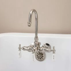 Clawfoot Tub Wall Mount Gooseneck Faucet With Porcelain Lever Handles For Riser Connection