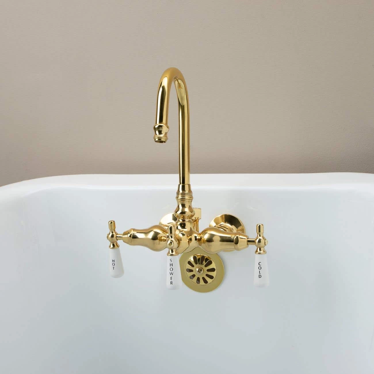 Clawfoot Tub Wall Mount Gooseneck Faucet With Porcelain Lever Handles For Riser Connection 6 Clawfoot Tub Wall Mount Gooseneck Faucet With Porcelain Lever Handles For Riser Connection - Image 4