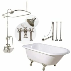 Heritage 60 Inch Cast Iron Clawfoot Tub Shower Package With British Telephone Faucet - White / Chrome Feet & Fixtures