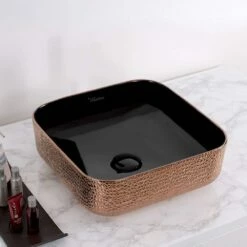 Isabella Plus Square Above Mount Basin - Black / Rose Gold Embossed Exterior