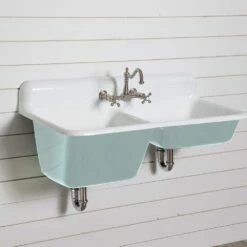 47 Inch Cast Iron High Back Double Bowl Farmhouse Kitchen Sink -A&E BATH & SHOWER Shop castsink47 teal 2