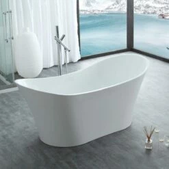 Layla 67 Inch Acrylic Double Slipper Freestanding Tub - No Faucet Drillings -A&E BATH & SHOWER Shop layla side