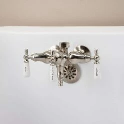 Clawfoot Tub Wall Mount Downspout Faucet With Porcelain Lever Handles For Riser Connection