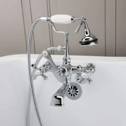 Low Spout British Telephone Clawfoot Faucet With Handshower & Metal Cross Handles -A&E BATH & SHOWER Shop rm146c front 1 1 nk5jnlqpmetpqytz