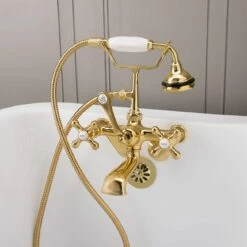 Low Spout British Telephone Clawfoot Faucet With Handshower & Metal Cross Handles -A&E BATH & SHOWER Shop rm146pb front 1 1