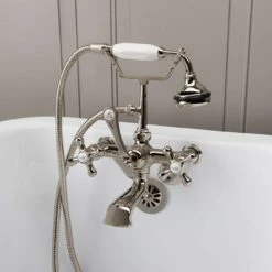 Low Spout British Telephone Clawfoot Faucet With Handshower & Metal Cross Handles -A&E BATH & SHOWER Shop rm146pn front 1 1