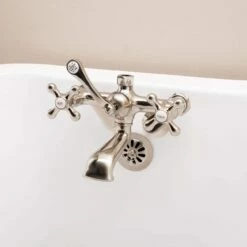 Low Spout British Telephone Clawfoot Faucet With Metal Cross Handles For Riser Connection -A&E BATH & SHOWER Shop rm146twsbn front 1 1