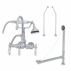 Clawfoot Tub Wall Mount Gooseneck Faucet With Handshower - Tub Drain And Supply Lines Complete Set