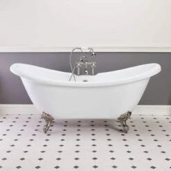 Victoria 70 Inch Acrylic Double Slipper Clawfoot Tub - Rim Faucet Drillings - Imperial Ball & Claw Feet