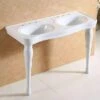 Console Double Bowl Bathroom Sink - 8 Inch Faucet Drillings - White Porcelain -A&E BATH & SHOWER Shop rmc12a front