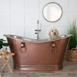 Jose 66 Inch Copper Freestanding Double Slipper Bathtub - Brown Copper / Satin Nickel -A&E BATH & SHOWER Shop rmc17 bsn dog life3