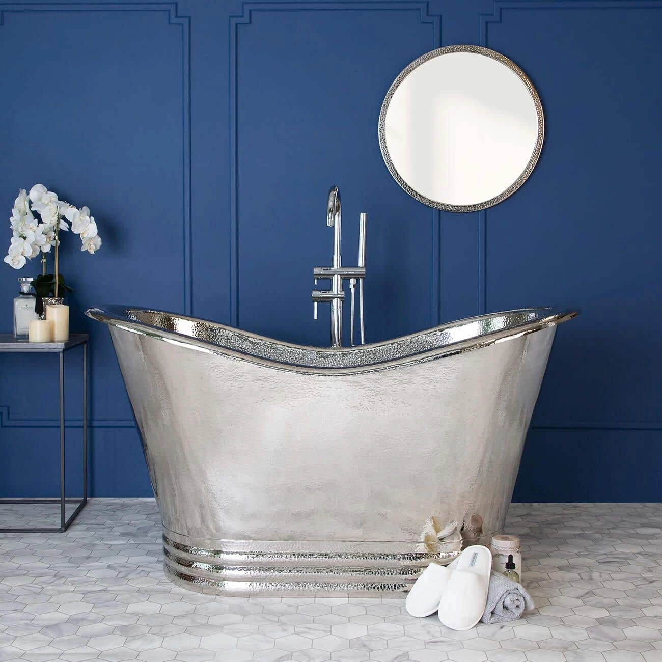 Melody 58 Inch Copper Freestanding Double Slipper Bathtub - Satin Nickel 3 Melody 58 Inch Copper Freestanding Double Slipper Bathtub - Satin Nickel