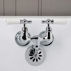 Clawfoot Tub Wall Mount Faucet - Porcelain Lever Handles